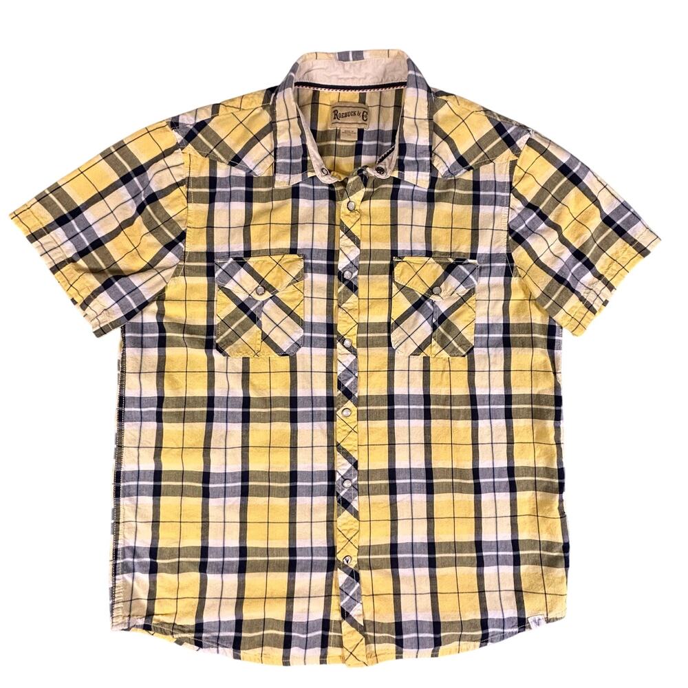 Roebuck & Co‎ Shirt Men's L Yellow Pearl Snap Button Up Short Sleeve Checkered